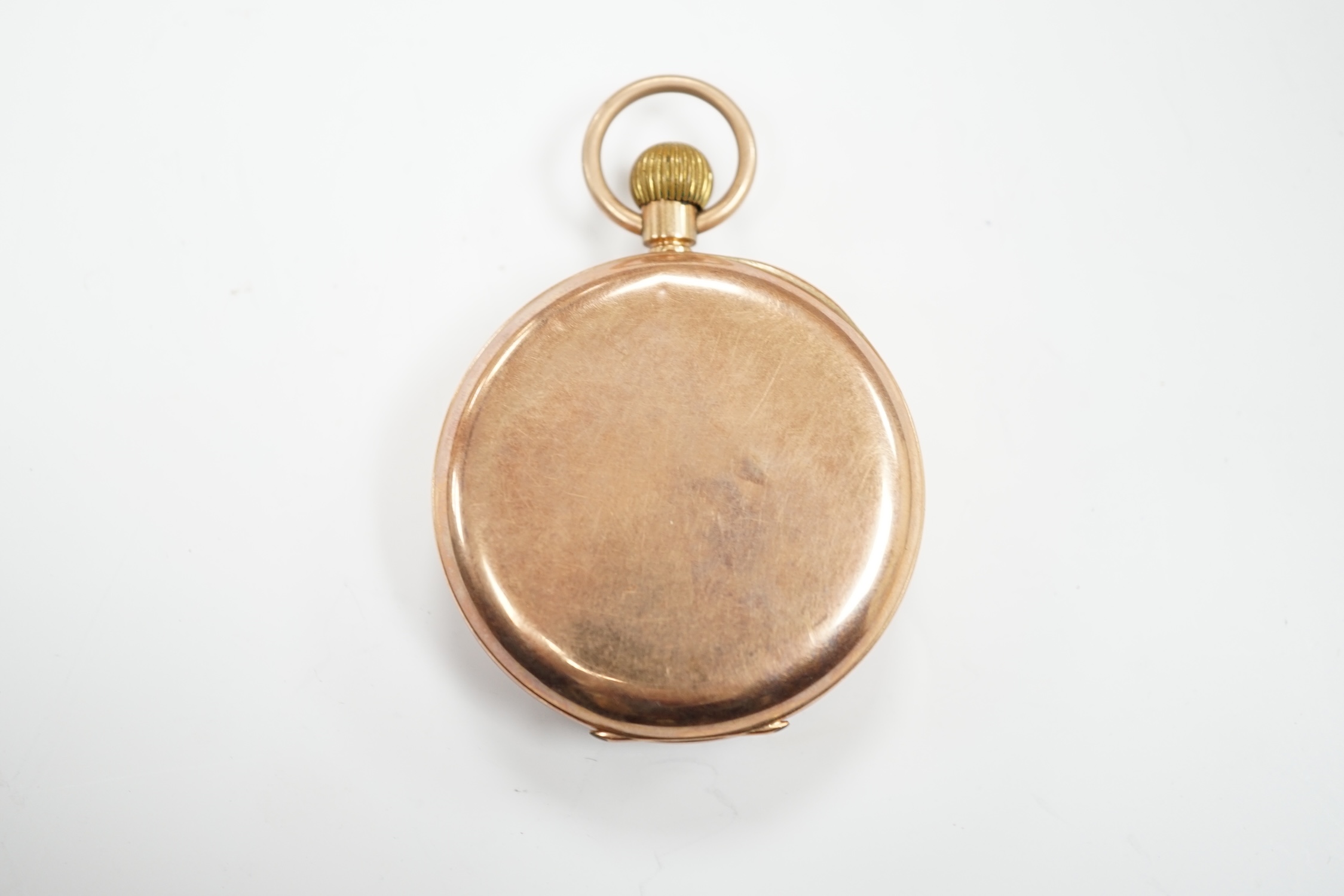 A George V 9ct gold open face keyless pocket watch, with Roman dial and subsidiary seconds, case diameter 48mm